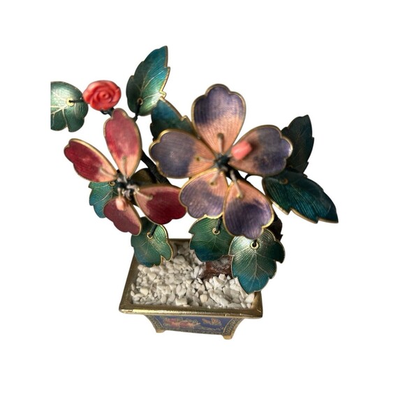 Chinese Brass Enamel Floral Bonsai Tree Plant Figurine Statue GORGEOUS - Picture 4 of 13